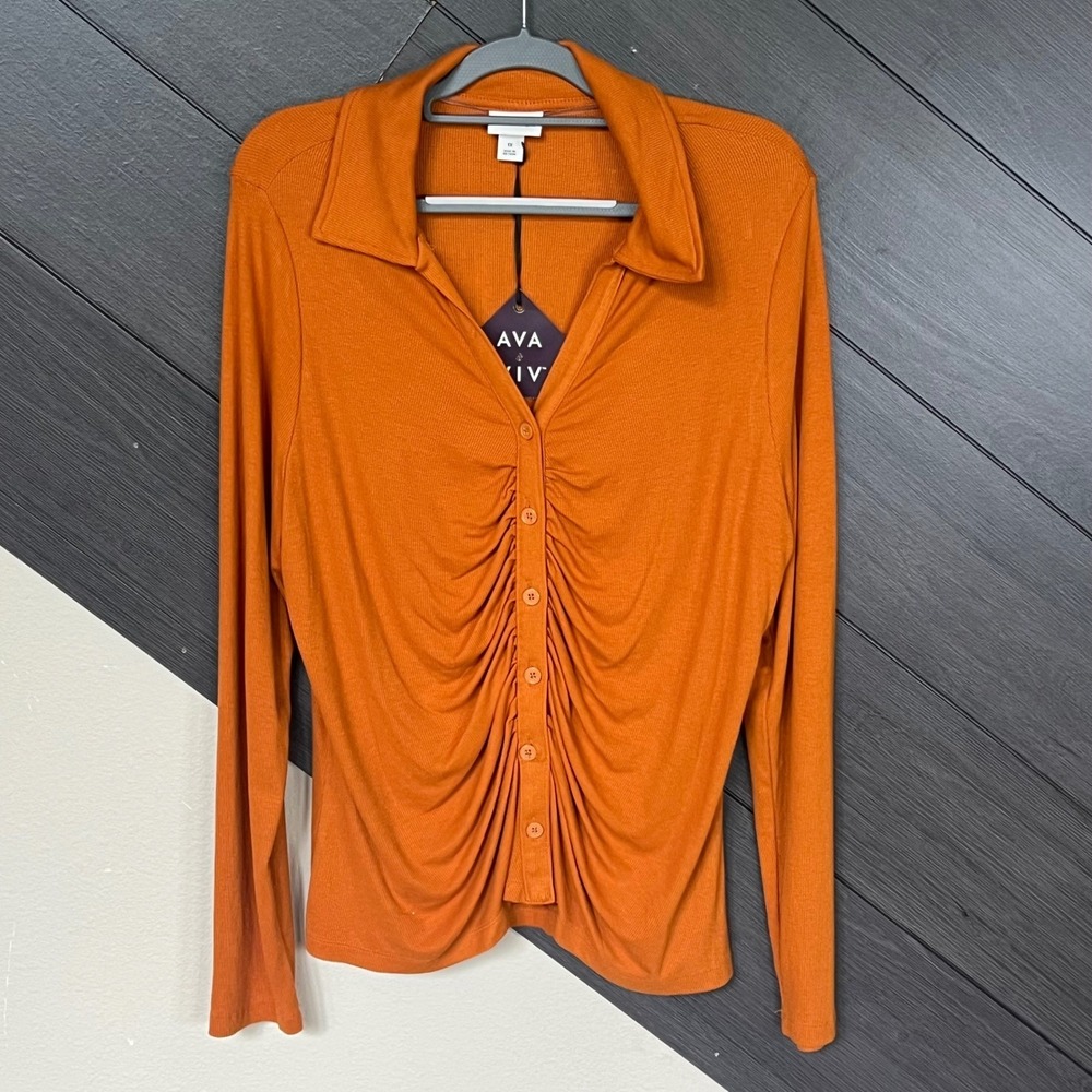Ava & Viv Copper Ribbed Button Down Long Sleeve Top